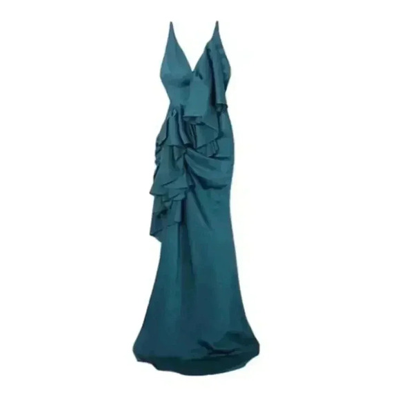 Solace London Deep Jade Ruffle Spaghetti Strap Satin Gown Size 6 NEW NWT! - Picture 8 of 8